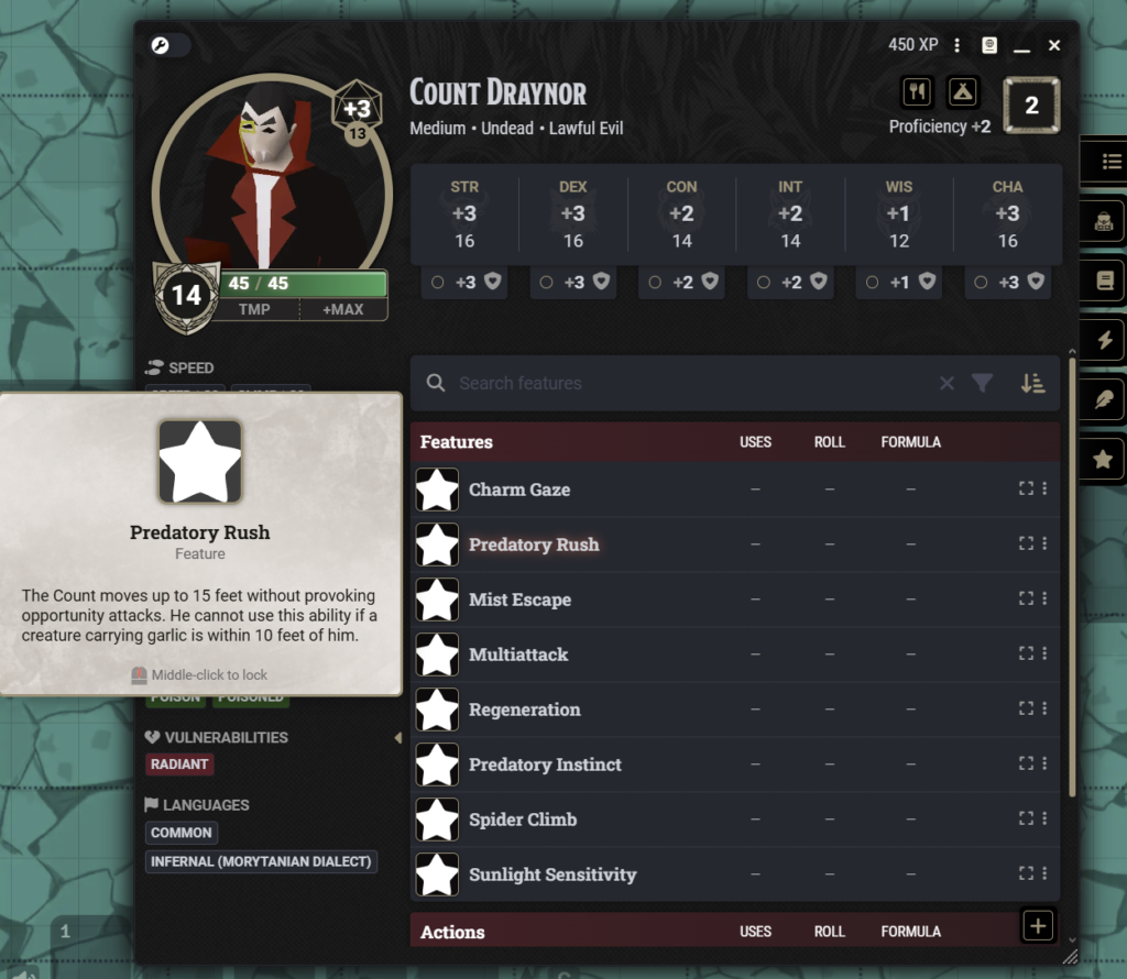 Count Draynor custom boss character sheet in Foundry VTT