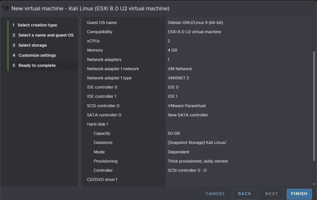ESXi VM configuration screen showing CPU and memory settings for the Kali Linux virtual machine