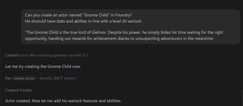 Asking an AI to create an actor via Foundry MCP